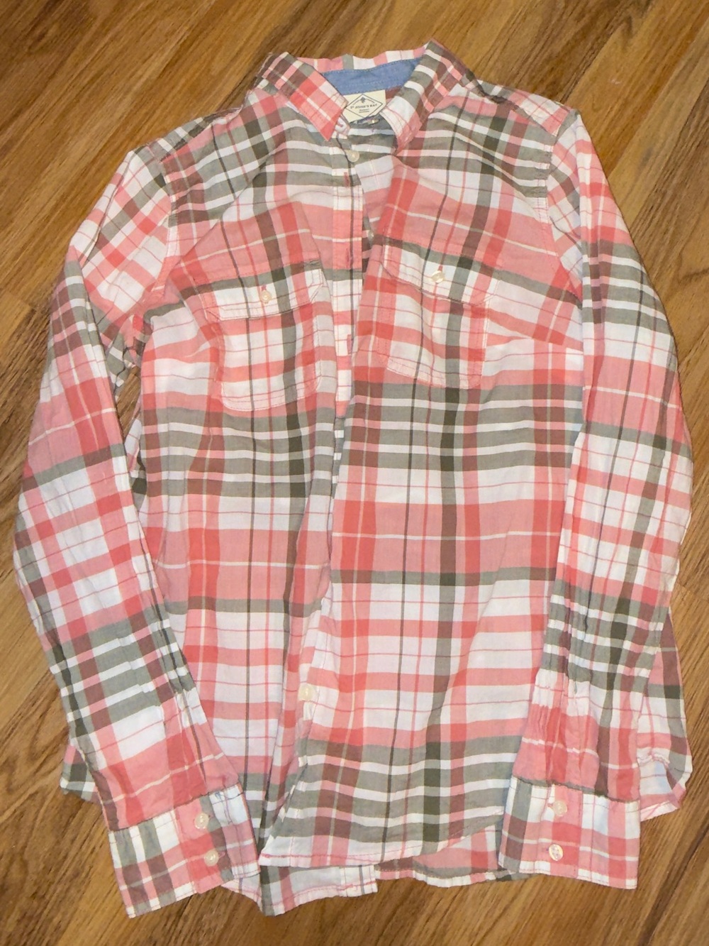 St. John's Bay Coral Pink & Olive Plaid Button-Down Shirt